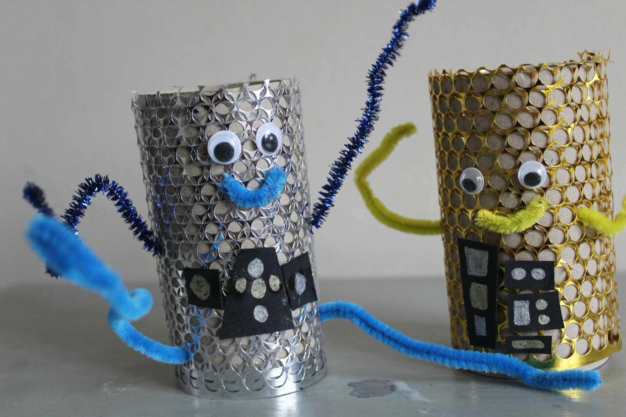 Robots made out of toilet rolls by kids